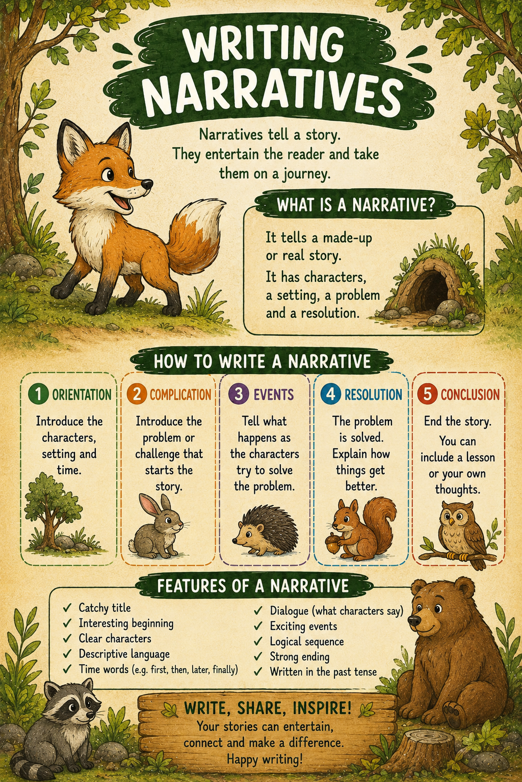 Preview of Narrative Writing — Forest Themed Learning Wall